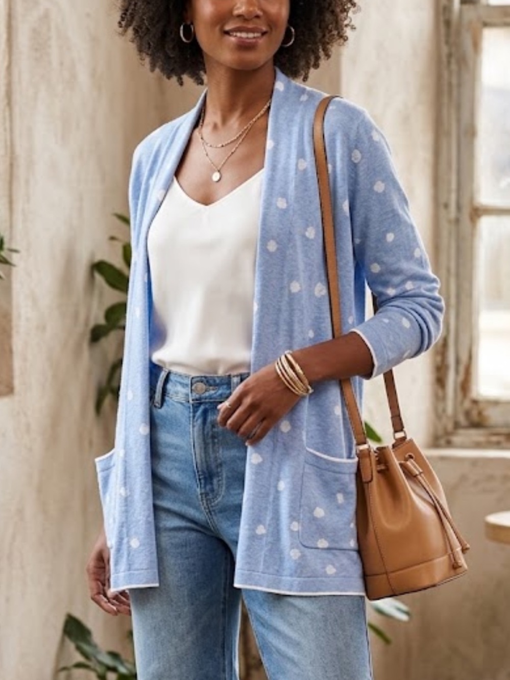 Habitat Connect The Dots Open Front  100% Cotton Blue Knit Cardigan L
